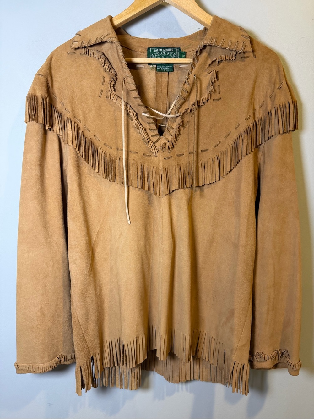 Ralph Lauren Tan Suede Fringe Lace-Up Pullover vintage 1990s
